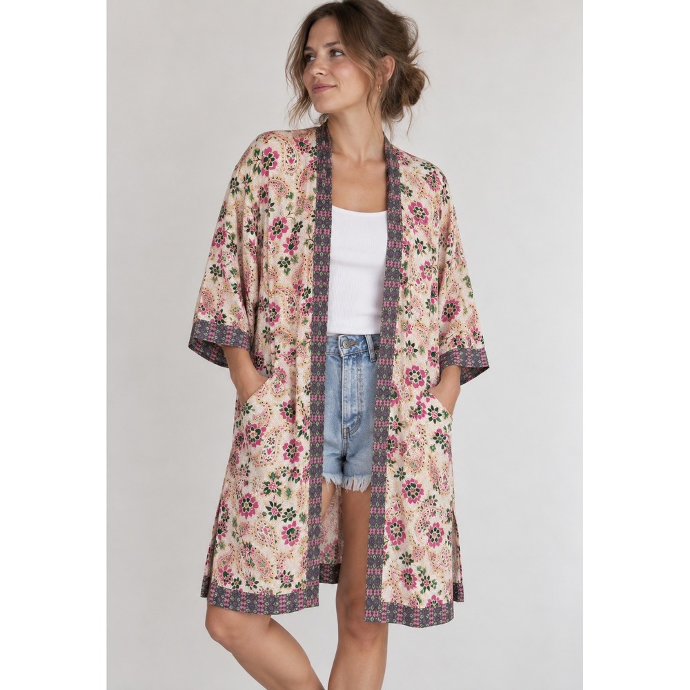 Aerie Floral Paisley Kimono Duster M/L Boho Open Front Long Cardigan